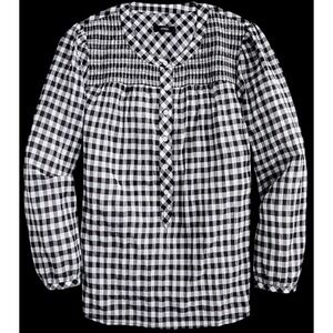 J.Crew Black White Gingham Smocked Popover Blouse Medium Buttoned Peasant Top